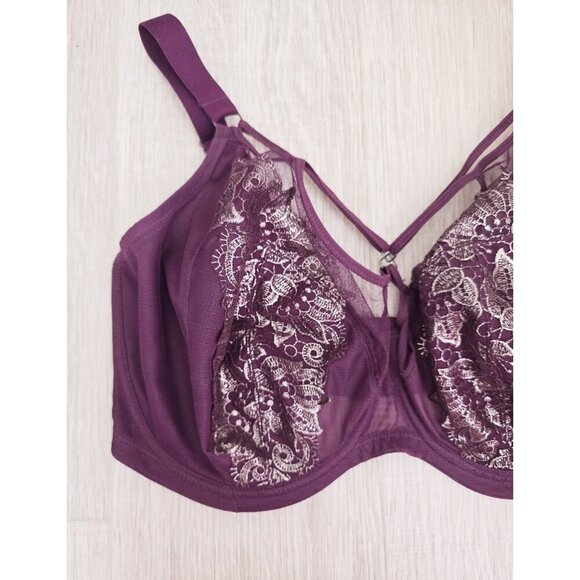 Elomi Eugenie Purple Underwire Unpadded Strappy Floral Plunge Lingerie Bra 36K - Picture 4 of 9